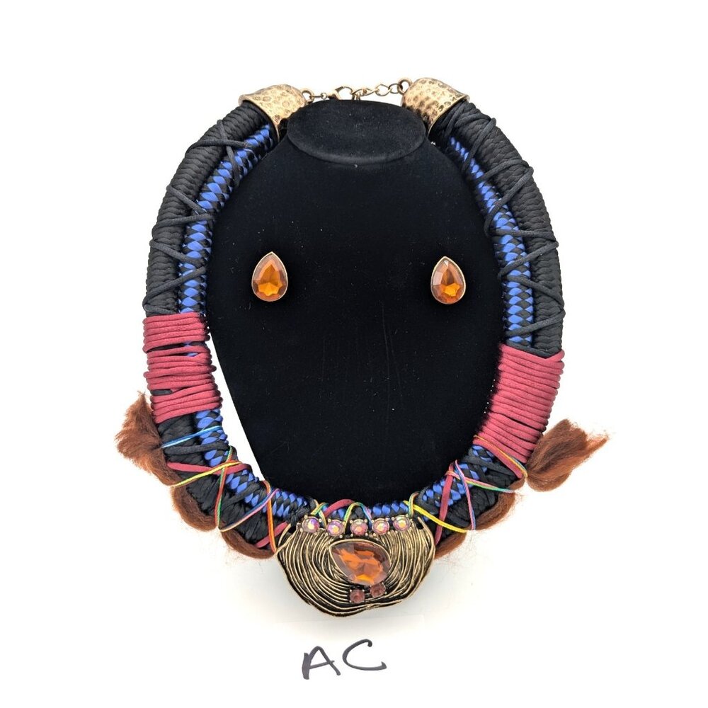 Vintage Victorian Revival Necklace Handmade Fiber Macrame Rhinestone Amber Stud